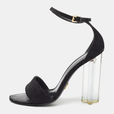 Pre-owned Louis Vuitton Size 39.5 Black Suede Crystal Flower Ankle Strap Sandals