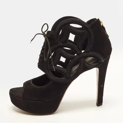 Pre-owned Louis Vuitton Size 39.5 Black Suede Platform Ankle Strap Sandals