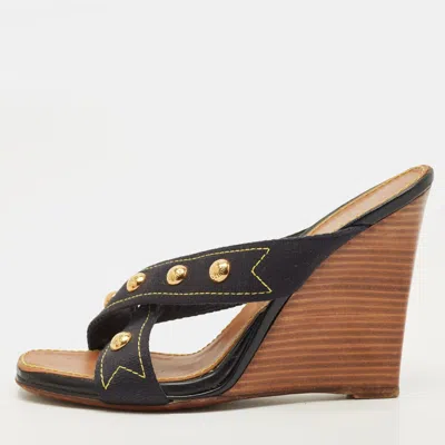 Pre-owned Louis Vuitton Size 39.5 Navy Blue Studded Canvas Cross Strap Wedge Sandals