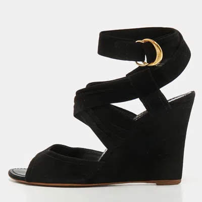 Pre-owned Louis Vuitton Size 40 Black Suede Wedge Sandals