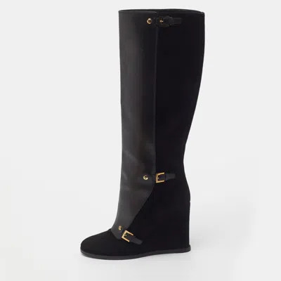 Pre-owned Louis Vuitton Size 41 Black Leather And Suede Wedge Knee Length Boots