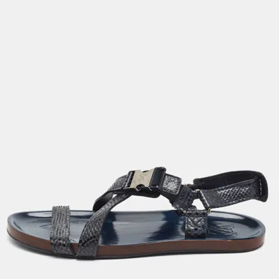 Pre-owned Louis Vuitton Size 42.5 Navy Blue Python Leather Lv Logo Criss Cross Flat Slingback Sandals