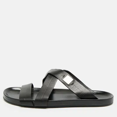 Pre-owned Louis Vuitton Size 44.5 Black Leather Criss Cross Strap Flat Slide