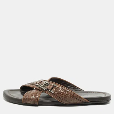 Pre-owned Louis Vuitton Size 44.5 Brown Crocodile Leather Criss Cross Flat Sandals