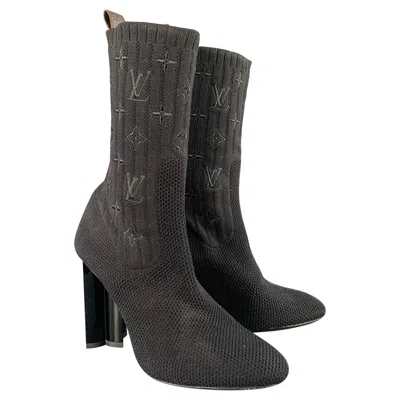 Pre-owned Louis Vuitton Size 9 Black Nylon Knit Monogram Chunky Heel Sock Boots