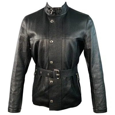 Pre-owned Louis Vuitton Size S Black Pebble Grain Bullhide Leather Zip Snaps Belted Jacket
