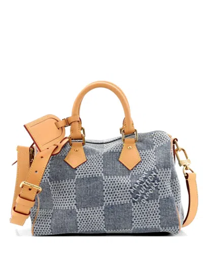 Pre-owned Louis Vuitton Speedy Bandouliere Bag 3d Damier Giant Denim 25 Satchel In Blue