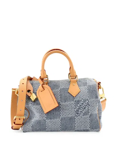Pre-owned Louis Vuitton Speedy Bandouliere Bag 3d Damier Giant Denim 25 Satchel In Blue