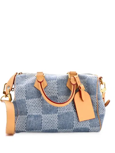 Pre-owned Louis Vuitton Speedy Bandouliere Bag 3d Damier Giant Denim 25 Satchel In Blue