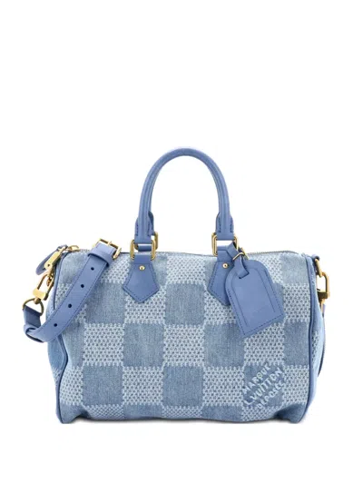 Pre-owned Louis Vuitton Speedy Bandouliere Bag 3d Damier Giant Denim 30 Satchel In Blue