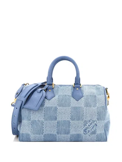 Pre-owned Louis Vuitton Speedy Bandouliere Bag 3d Damier Giant Denim 30 Satchel In Blue