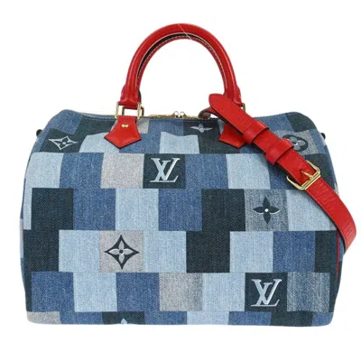 Pre-owned Louis Vuitton Speedy Bandouliere Bag Damier And Monogram Patchwork Denim Blue Denim_jeans Handbag (p