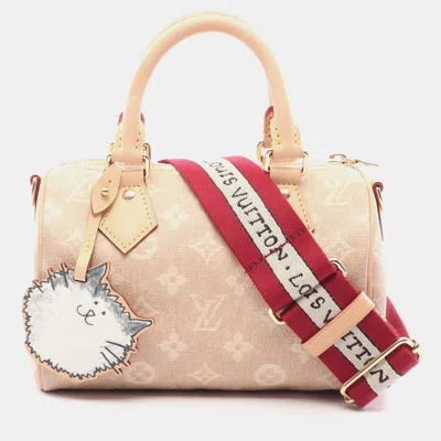 Pre-owned Louis Vuitton Speedy Bandouliere Miaogram Beige Canvas Leather Handbag