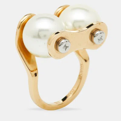 Pre-owned Louis Vuitton Speedy Faux Pearls Gold Tone Metal Ring Size 50
