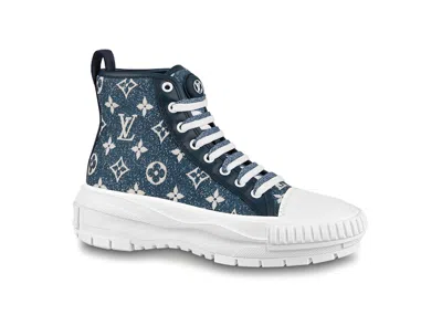Pre-owned Louis Vuitton Squad Boot Monogram Denim (women's) Sneakers In Navy Blue/white