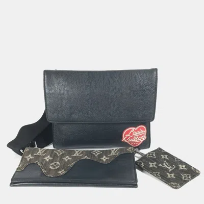 Pre-owned Louis Vuitton Squared Collection Trio Pouch Crossbody Flap Monogram Denim And Taurillon Leather Black