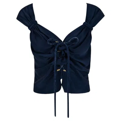 Pre-owned Louis Vuitton S/s 2004  By Marc Jacobs Runway Dark Blue Satin Velvet Tie Blouse