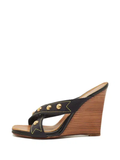 Pre-owned Louis Vuitton Studded Cross-strap Wedge Sandals In Black