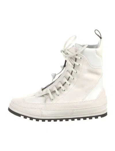 Pre-owned Louis Vuitton Suede Animal Print Combat Boots In White