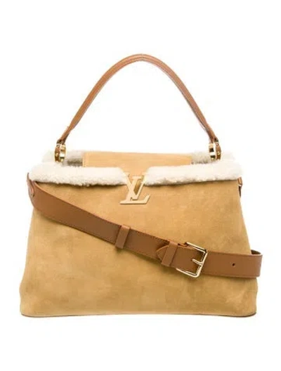 Pre-owned Louis Vuitton Suede Capucines Souple Gm In Neutral