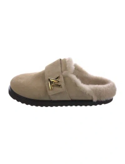Pre-owned Louis Vuitton Suede Faux Fur Trim Mules In Neutral