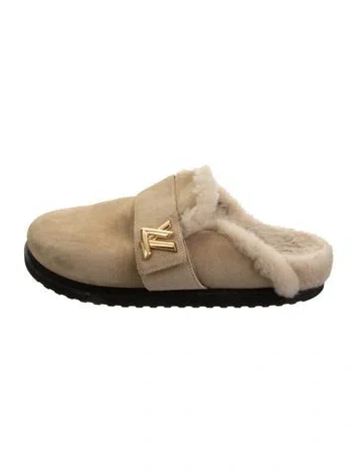 Pre-owned Louis Vuitton Suede Faux Fur Trim Mules In Neutrals