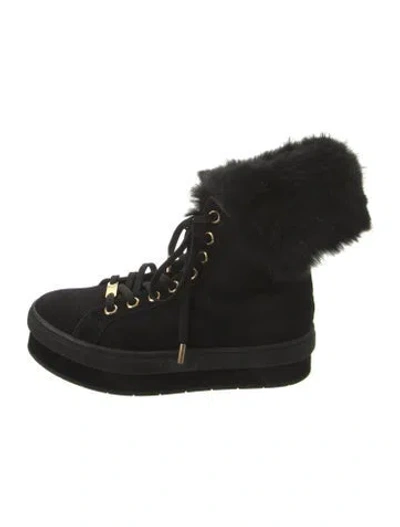 Pre-owned Louis Vuitton Suede Fur Trim Combat Boots In Black