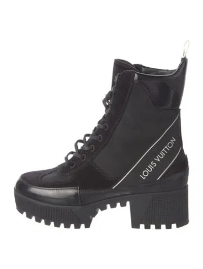 Pre-owned Louis Vuitton Suede Graphic Print Combat Boots In Black