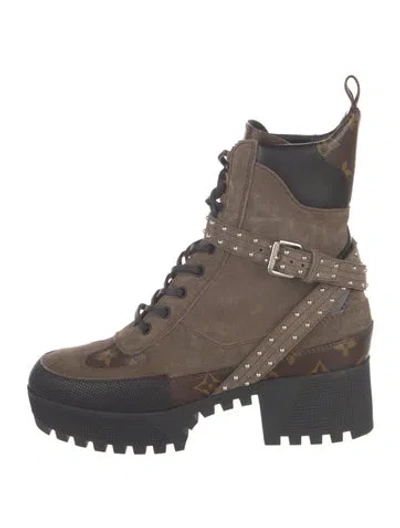 Pre-owned Louis Vuitton Suede Graphic Print Combat Boots In Brown