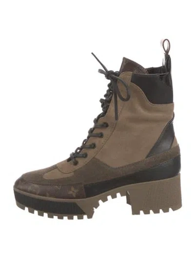 Pre-owned Louis Vuitton Suede Graphic Print Combat Boots W/ Tags In Neutral
