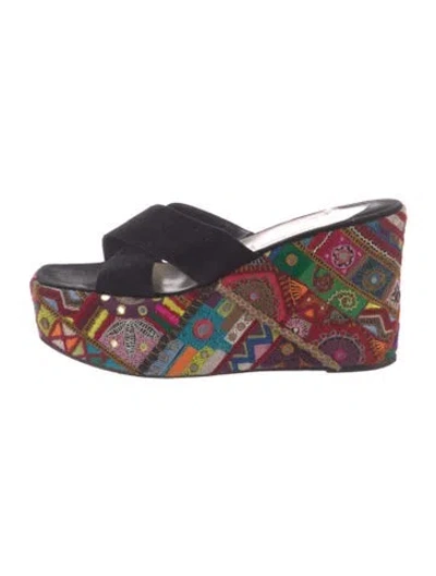 Pre-owned Louis Vuitton Suede Printed Slides In Black