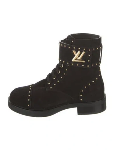 Pre-owned Louis Vuitton Suede Studded Accents Combat Boots In Black