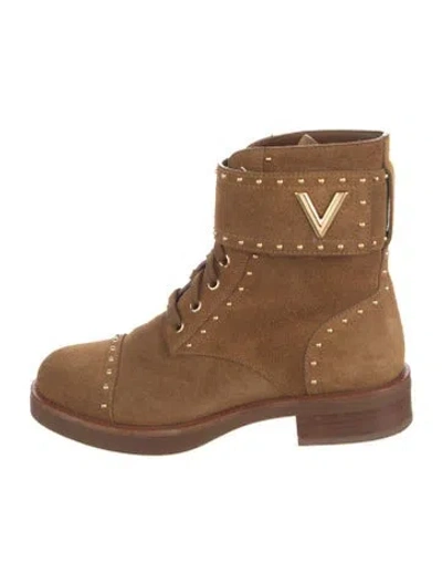 Pre-owned Louis Vuitton Suede Studded Accents Combat Boots In Brown