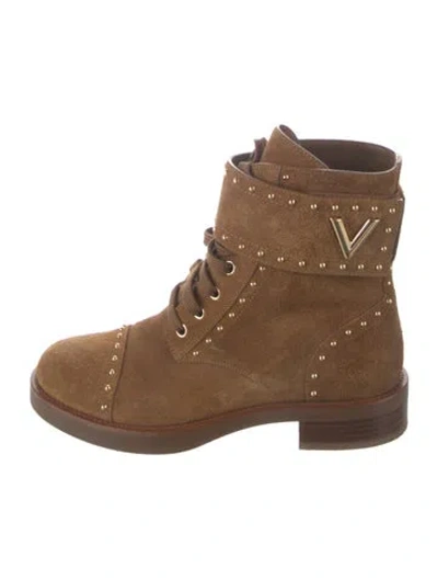 Pre-owned Louis Vuitton Suede Studded Accents Combat Boots In Brown