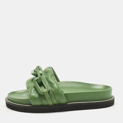 Pre-owned Louis Vuitton Sunset Size 37 Green Leather Flat Sandals