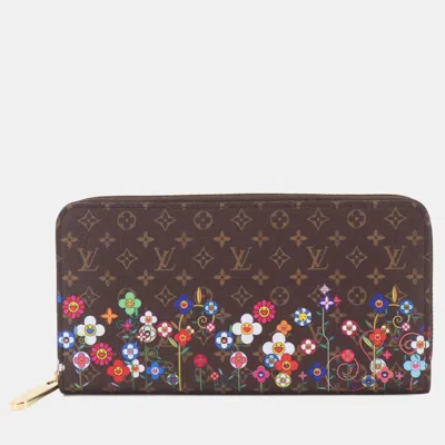 Pre-owned Louis Vuitton Takashi Murakami Flower Garden Zippy M14162 Brown Monogram Canvas Long Wallet
