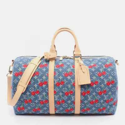 Pre-owned Louis Vuitton Takashi Murakami Keepall Bandouliere 45 Blue Denim Leather Duffle Bag