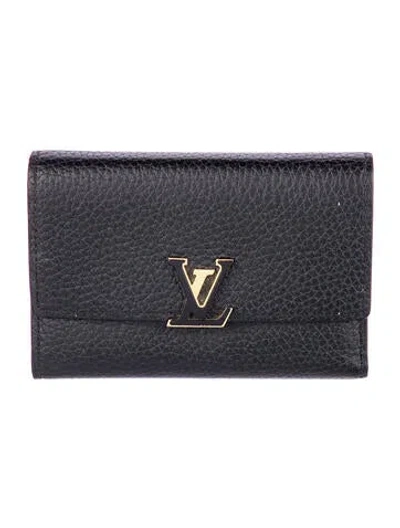 Pre-owned Louis Vuitton Taurillon Leather Capucines Compact Wallet In Black