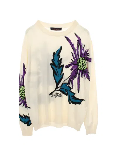 Pre-owned Louis Vuitton Thistle Intarsia Sweater In White