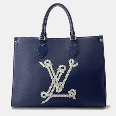 Pre-owned Louis Vuitton Tote Bag Grained Calfskin Leather Sailor's Knot Nautical On-the-go Mm Shoulder Bag In Blue