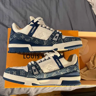 Pre-owned Louis Vuitton Trainer Low Monogram Denim Shoes In White