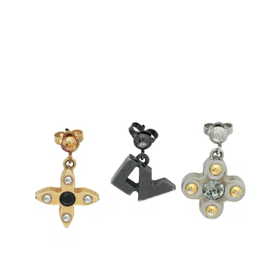 Pre-owned Louis Vuitton Tricolor Metal Swarovski Crystal Love Letters Earrings Gm Set In Silver