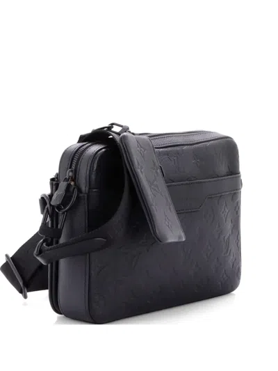 Pre-owned Louis Vuitton Trio Messenger Bag Monogram Shadow Leather Crossbody Bag In Black