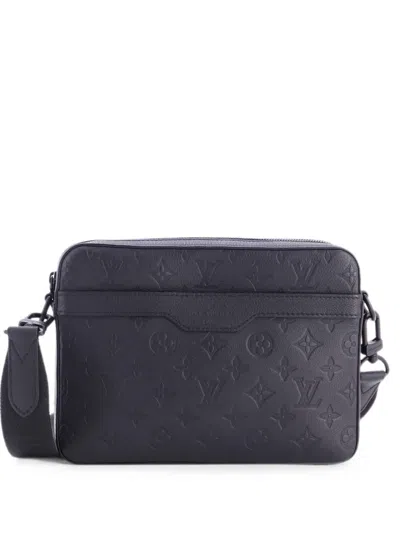 Pre-owned Louis Vuitton Trio Messenger Bag Monogram Shadow Leather Crossbody Bag In Black