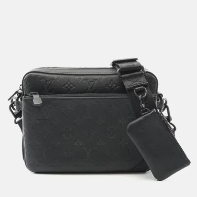 Pre-owned Louis Vuitton Trio Messenger Shoulder Bag Monogram Shadow Leather In Black