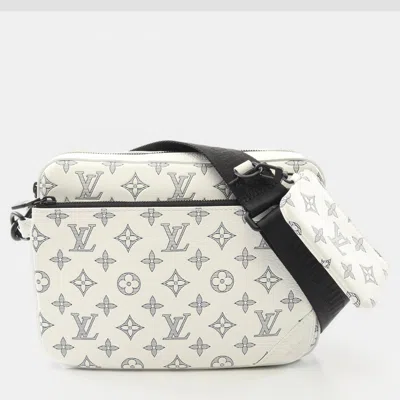 Pre-owned Louis Vuitton Trio Messenger Shoulder Crossbody Bag Monogram Shadow Blanc In White
