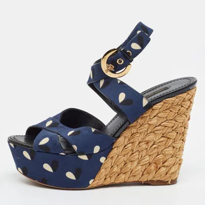Pre-owned Louis Vuitton Tuileries Size 38 Navy Blue Fabric Raffia Platform Wedge Sandals