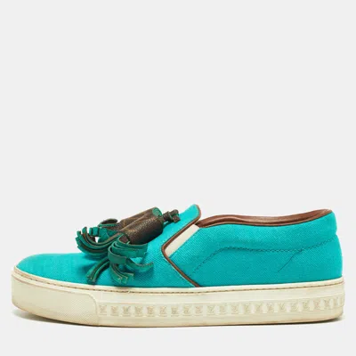 Pre-owned Louis Vuitton Turquoise Twill Fabric And Monogram Canvas Destination Slip On Sneakers Size 37 In Blue