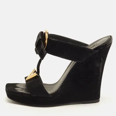 Pre-owned Louis Vuitton V Symphony Size 37.5 Black Suede Wedge Sandals