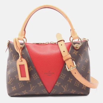 Pre-owned Louis Vuitton V Tote Bb Shoulder Handbag Monogram Canvas Leather Red In Brown